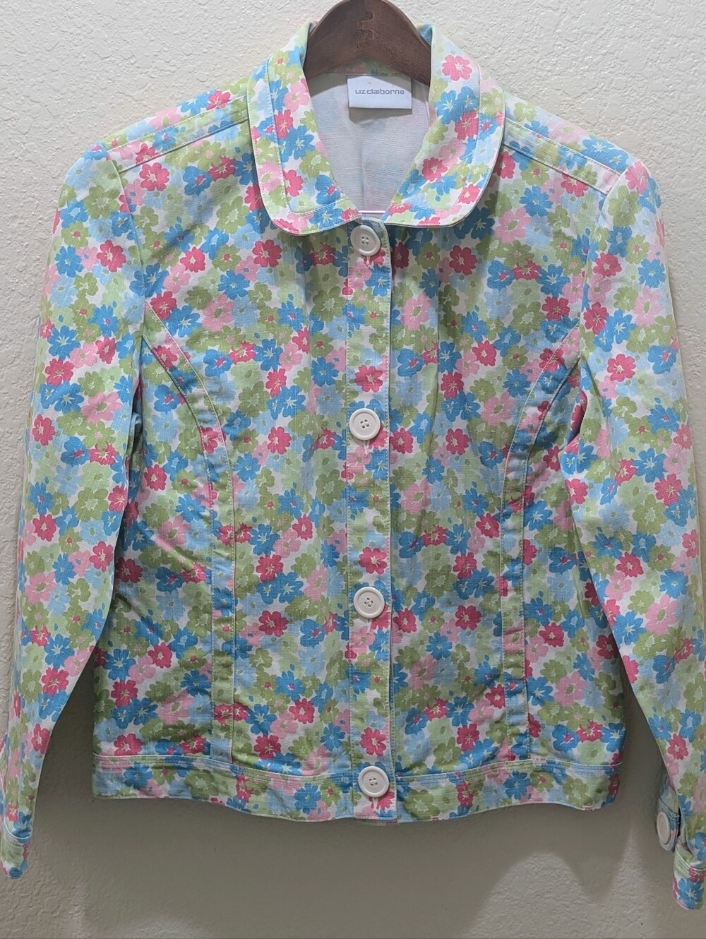 Vintage Liz Claiborne MultiColor Pastel Floral Print Button Down Collared Jacket